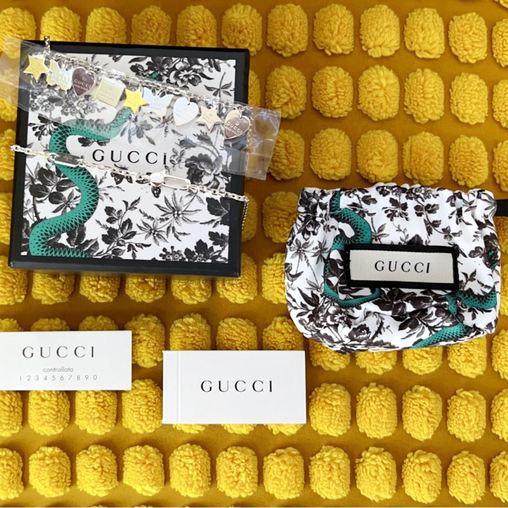 AUTHENTIC GUCCI TRADEMARK CHARM NECKLACE / BUTTERFLIES, STARS, HEARTS, SQUARES.